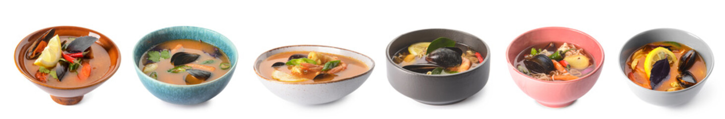 Collection of spicy Thai soups on white background