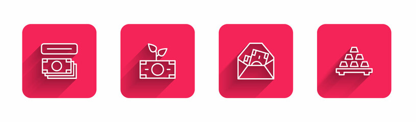 Set line ATM and money, Money plant in the pot, Envelope with dollar symbol and Gold bars with long shadow. Red square button. Vector
