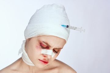 female patient bruised face medicine treatment injury isolated background