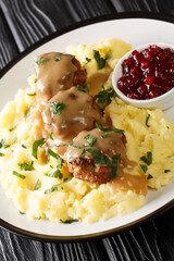 Lihapullat Traditional Finnish Meatballs with mashed potatoes and lingonberry jam close-up in a plate on the table. vertical