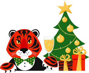 Vector new year set : chinese horoscope simbol tiger, fir tree decorated by golden star and balls, gift boxes, glass of champagne. Elements for design holiday card, poster, invitation.