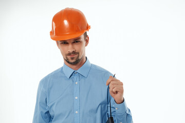 man in construction uniform blueprints builder isolated background