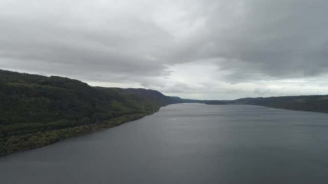 Loch Aerial Loch Ness cold gray waters, Scotland, United Kingdom, UK Mist, Rain, Storm
