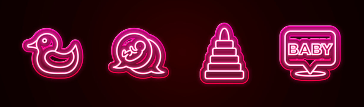 Set line Rubber duck, Baby, Pyramid toy and . Glowing neon icon. Vector