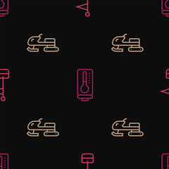 Set line Location marker, Snowmobile and Meteorology thermometer on seamless pattern. Vector