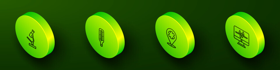 Set Isometric line Microscope, Medical thermometer, Location with cross hospital and Monitor cardiogram icon. Vector