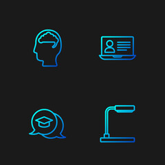 Set line Table lamp, Graduation cap in speech bubble, Human brain and Online class. Gradient color icons. Vector