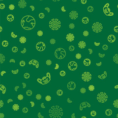 Set line Earth globe, Medical protective mask and Bacteria on seamless pattern. Vector