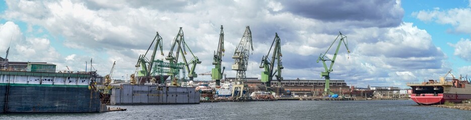View from the dock to the panorama of the gdansk shipyard, poland.