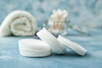 Fototapeta na wymiar New soft cotton pads on table, closeup
