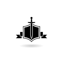 Shield and sword icon logo template design with shadow