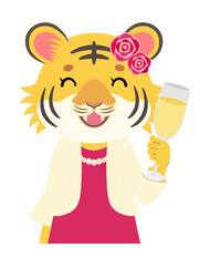 笑顔で乾杯するパーティードレスのトラ