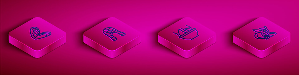 Set Isometric line Mussel, Fish steak, Shark fin soup and Seaweed icon. Vector