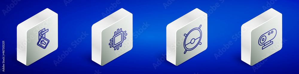 Poster set isometric line digital door lock, processor with cpu, robot vacuum cleaner and web camera icon. 
