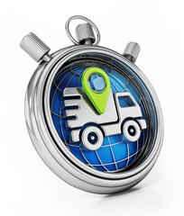 Delivery van and navigation marker on the globe inside the chronometer. 3D illustration