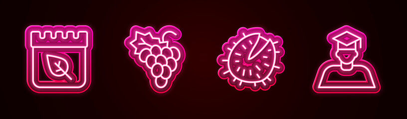 Set line Calendar with autumn leaves, Grape fruit, Chestnut and Graduate and graduation cap. Glowing neon icon. Vector