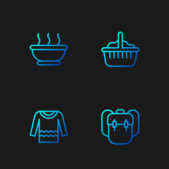 Set line School backpack, Sweater, Bowl of hot soup and Basket. Gradient color icons. Vector