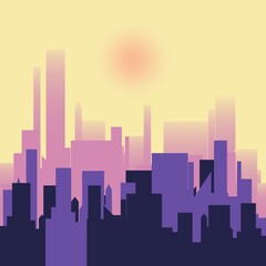 Silhouette of the evening city in the setting sun. Purple yellow color. Urban landscape in a flat style. Silhouette of city buildings vector background. Architecture of a modern city. Vector illustrat