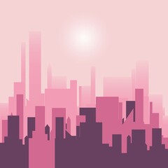 Fototapeta na wymiar Urban landscape in a flat style. Silhouette of city buildings, vector background. Architecture of a modern city. Pink color. Vector illustration of the city in the daytime.
