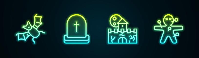 Set line Flying bat, Tombstone with RIP written, Castle, fortress and Voodoo doll. Glowing neon icon. Vector