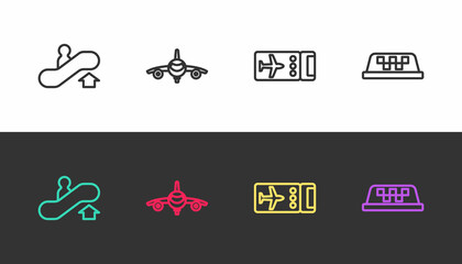 Set line Escalator up, Plane, Airline ticket and Taxi car roof on black and white. Vector