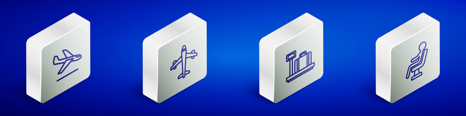 Set Isometric line Plane landing, , Scale with suitcase and Human waiting airport terminal icon. Vector