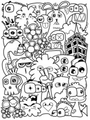 Hand- drawm illustrations, monsters doodle, Cartoon crownd doodle handdrawn pattern, Doodle style.
