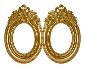 Double oval golden frame (diptych) for paintings, mirrors or photos isolated on white background....