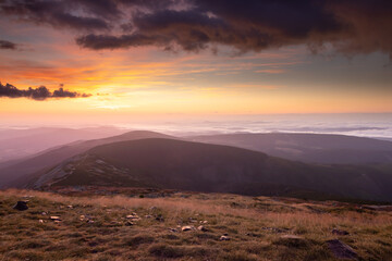 Fototapeta na wymiar Sunrise from Snezka mountain