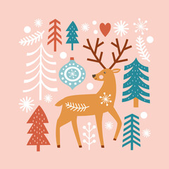 Christmas  illustration. Cute deer, christmas trees, fir branches, snowflakes. Apparel design, t-shirt print, stationary design