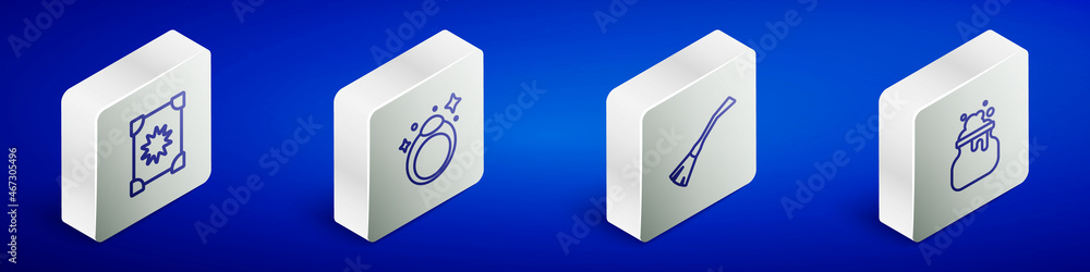 Sticker Set Isometric line Ancient magic book, Magic stone ring, Witches broom and cauldron icon. Vector