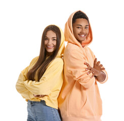 Stylish young couple in hoodies on white background