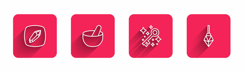 Set line Magic stone, Witch cauldron, Old magic key and with long shadow. Red square button. Vector