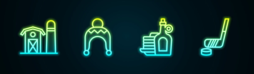 Set line Farm house, Winter hat, Syrup with pancakes and Ice hockey stick and puck. Glowing neon icon. Vector