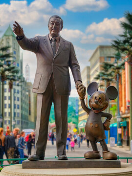 Paris, France - APR 2019: The Partners Statue,depicting Walt Disney and Mickey Mouse, (aka "Team Disney Building") on the Walt Disney Studios in Paris