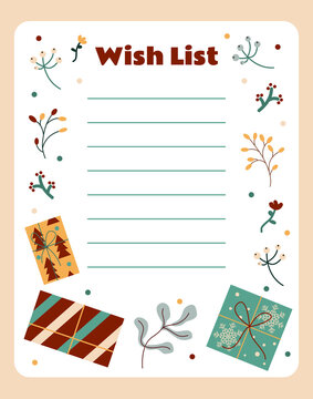 Christmas wish list with cute floral and gift boxes design elements. Xmas note to Santa Claus. Flat vector illustration