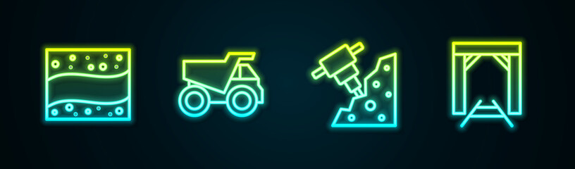 Set line Gold mine, Mining dump truck, Construction jackhammer and Mine entrance. Glowing neon icon. Vector © Kostiantyn