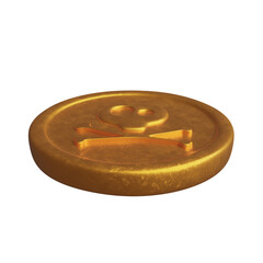 Golden Coin with Pirate Sign as Skull and Bones. 3D Illustration. Isolated on White Background.