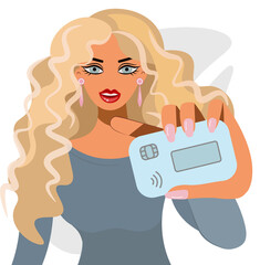 Young beautiful blonde smiling showing a credit card for online payments. Happy girl with a bonus card. Isolated vector illustration with place for text for advertising, web, banner Cartoon flat style