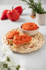Healthy vegetarian bread open sandwich with vegetable pate (paste)