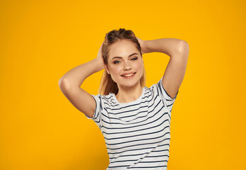 beautiful woman in striped t-shirt emotions studio fun