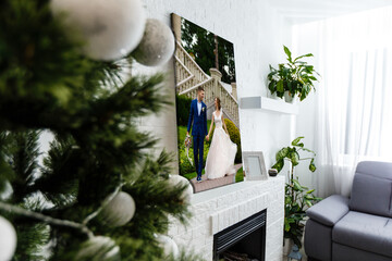 photo canvas on background of christmas interior