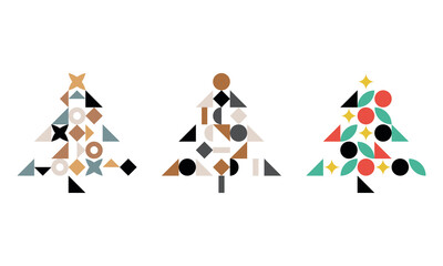 Set of Christmas tree abstract geometric vector illustration, bauhaus Christmas ornament, for web, mobile, post cards