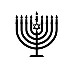 Hanukkah menorah emblem with magen David star. Jewish holiday Hanukkah greeting card. Chanukah traditional black symbol menorah candles lights. Vector template