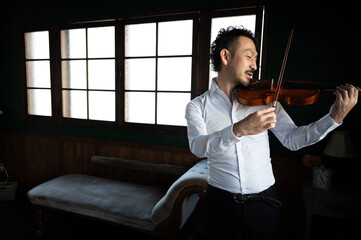 The image of a handsome violinist that could be used for concerts. wide angle