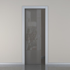 3d rendering of a single panel sliding door in frosted glass and metal