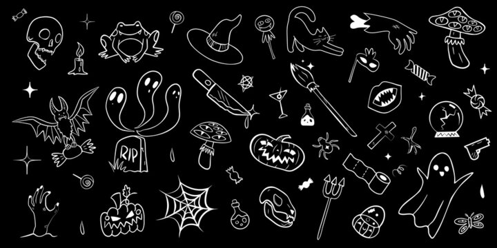 Halloween set elements.White line elements on black background.Creative vector background with ghost,pumpkin.cobwebs,bat