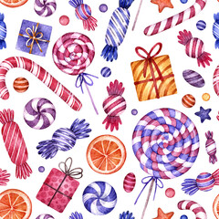 Fototapeta premium Watercolor Christmas seamless pattern with a sweets, lollipops and gifts. Hand drawn texture on white background.