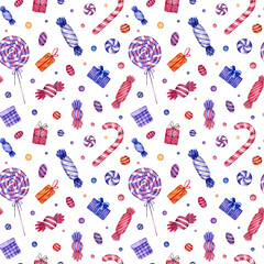 Watercolor Christmas seamless  pattern with a sweets, lollipops and gifts. Hand drawn texture on white background.