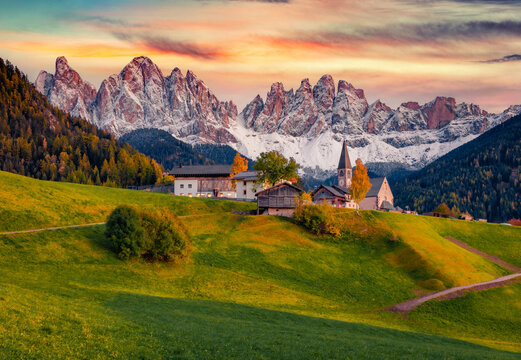 Fabulous autumn view of Santa Maddalena village in front of the Geisler or Odle Dolomites Group. Photography of Dolomites Alps, Italy, Europe. Traveling concept background.